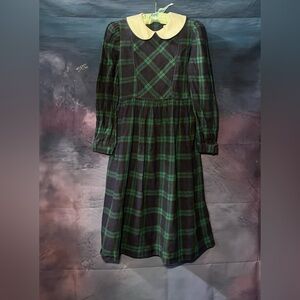 VTG Therese Girls Plaid Cottage Collared Dress Green & Blue Children Size 14
